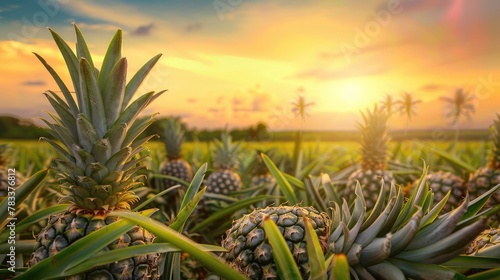 Pineapple fruits in pineapple farming with sunrise background.