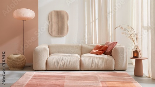 Peach lamp above beige couch and pink rug against plastic tubes in simple living room interior with copy space on white wall © buraratn