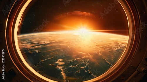 futuristic spacecraft window view of earths sunrise horizon exploration space travel new beginnings concept