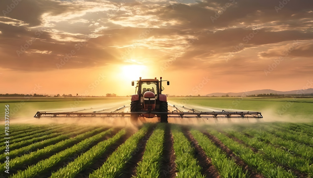 Fototapeta premium irrigation tractor driving spraying or harvesting agricultural crop at sunset