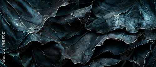 a close-up view of dark, lustrous leaves with intricate textures and patterns.