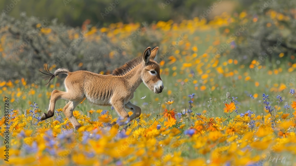 A baby donkey frolics in a vibrant meadow, surrounded by yellow, blue, and purple wildflowers A baby donkey frolics in a vibrant meadow, surrounded by yellow, blue, and purple wildflowers