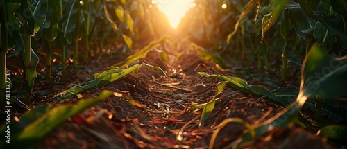 Sunset Over Troubled Cornfield: Herbicide Aftermath. Concept Agricultural Chemicals, Environmental Impact, Crop Management, Sustainable Farming