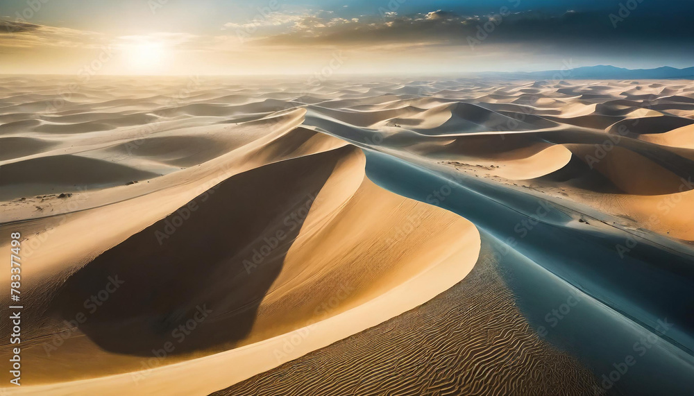 Dunes in a gigantic desert, infinite horizon of sand, aerial landscape view of a natural and spectacular beautiful spot - obrazy, fototapety, plakaty 