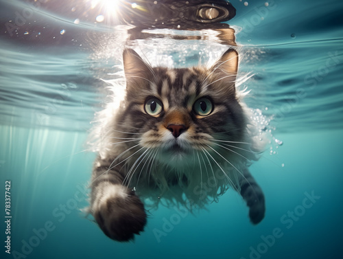 Capturing the unusual and captivating essence of a feline exploring aquatic realms.