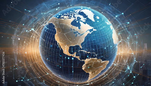 Digital world globe centered on North America, concept of North America global network and connectivity, data transfer and cyber technology, information exchange and telecommunication © Donald