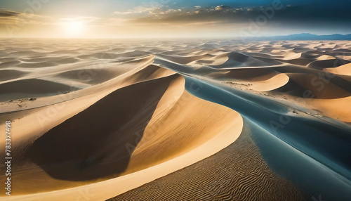 Dunes in a gigantic desert, infinite horizon of sand, aerial landscape view of a natural and spectacular beautiful spot