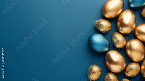 gold and blue easter eggs on a blue background creating an elegant easter frame with copy space for text