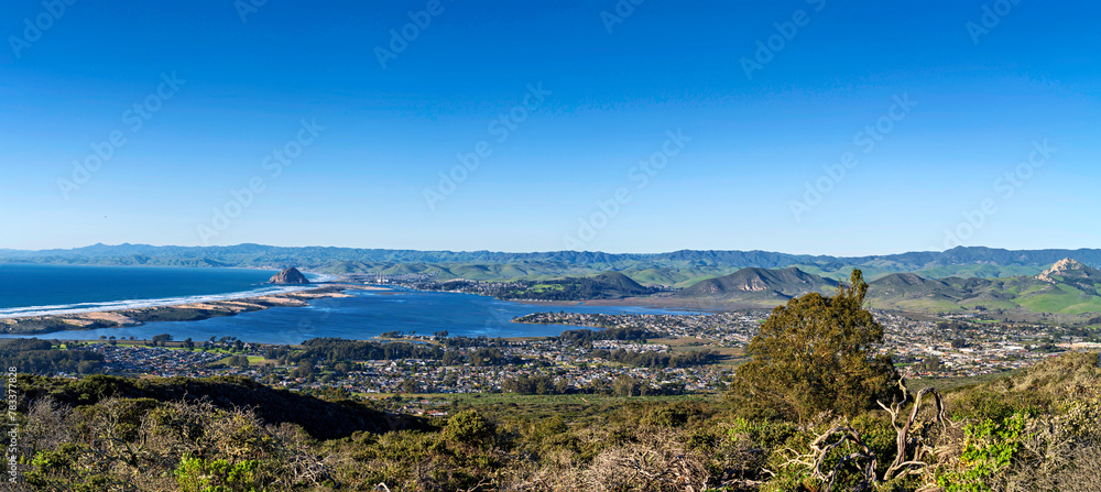 panorama view of ocean, bay, city, hills
