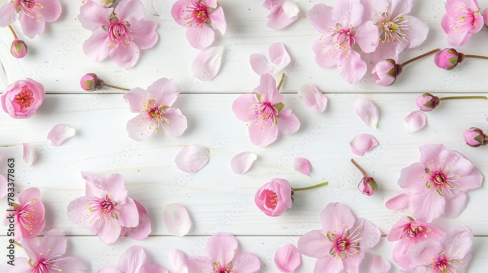 Spring flowers. Pink flowers on white wooden background. Flat lay, top view, copy space Spring flowers. Pink flowers on white wooden background. Flat lay, top view, copy space