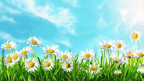 Spring daisy flowers with green grass blue sky. Beautiful outdoor nature flower scene suitable for spring,Easter, holiday designs with space for text