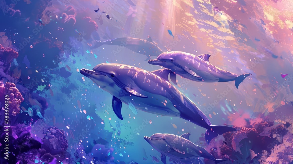 Fototapeta premium graceful dolphins gliding through crystalline underwater realms digital painting