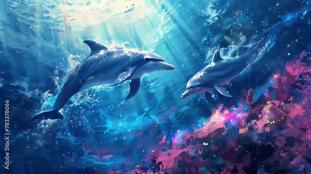 Naklejka premium graceful dolphins gliding through crystalline underwater realms digital painting