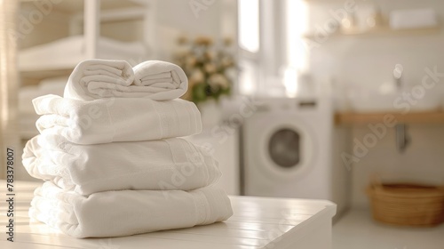 Stack of clean bedding sheets on blurred laundry room background