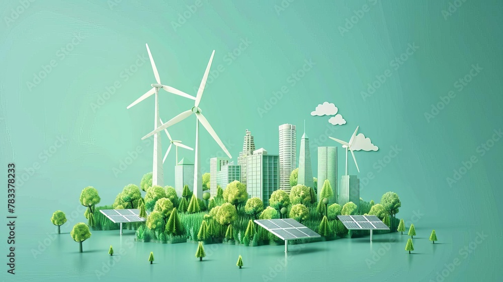 green energy and sustainable industry concept with wind turbines and solar panels esg and environmental responsibility digital illustration - obrazy, fototapety, plakaty 