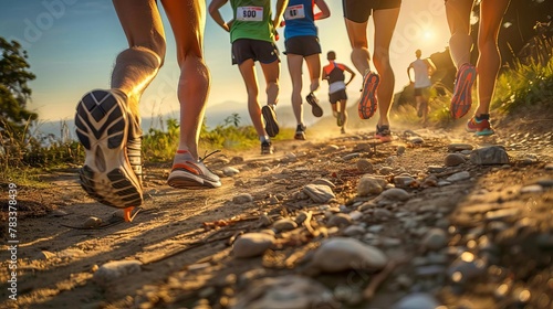 group of runners legs closeup running on seaside trail at sunrise sports action photography