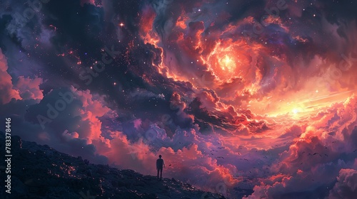a man standing on a hill looking at a colorful sky filled with clouds and stars in the distance