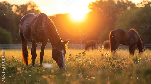 Thoroughbred horses grazing at sunset in a field. © buraratn