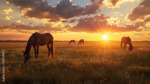 Thoroughbred horses grazing at sunset in a field. © buraratn