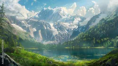a mountain range with a lake in the foreground and a forest in the background photo