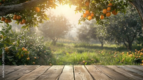 Tree Table wood Podium in farm display for food, perfume, and other products on nature background, Table in farm with orange tree and grass, Sunlight at morning