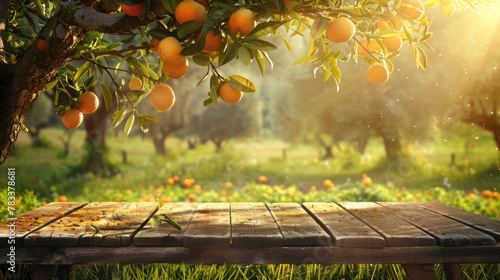 Tree Table wood Podium in farm display for food, perfume, and other products on nature background, Table in farm with orange tree and grass, Sunlight at morning