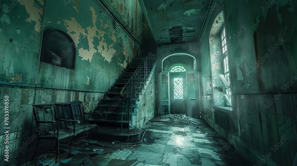 haunting abandoned asylum with peeling wallpaper rusted medical equipment and ghostly figures dark horror digital painting haunting abandoned asylum with peeling wallpaper rusted medical equipment and ghostly figures dark horror digital painting