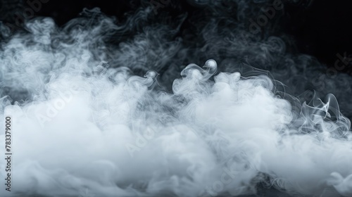 White natural steam smoke effect on solid black background with abstract blur motion wave swirl use for overlay in pollution, vapor cigarette, gas, dry ice, warm hot food, boil water smoke concepts