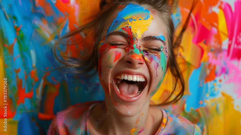 Obraz premium portrait of a person with painted face. Girl funny and happy with painting