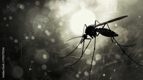 a mosquito in a forest with fog and water droplets on its body and legs photo