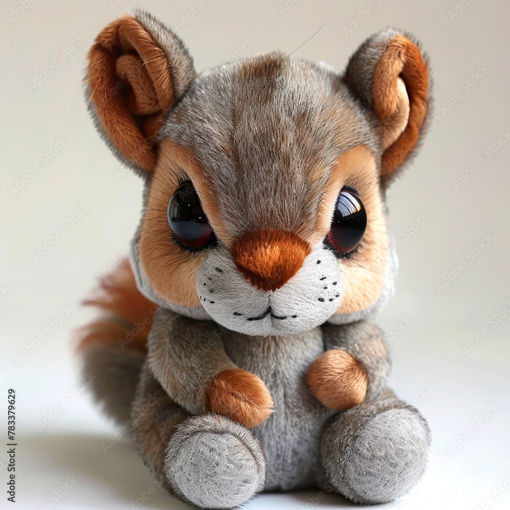 Fototapeta premium A cute squirrel plush toy on a white background emanating an aura of sweetness and innocence. Soft plush squirrel with a friendly expression.