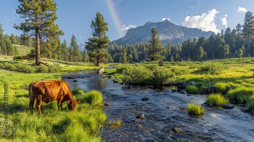   A brown cow stands atop a verdant field near a winding river, framed by a rainbow in the backdrop © Anna
