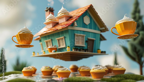 The upside down house hosted a tea party for gravity defying guests, serving floating cupcakes and levitating tea cups