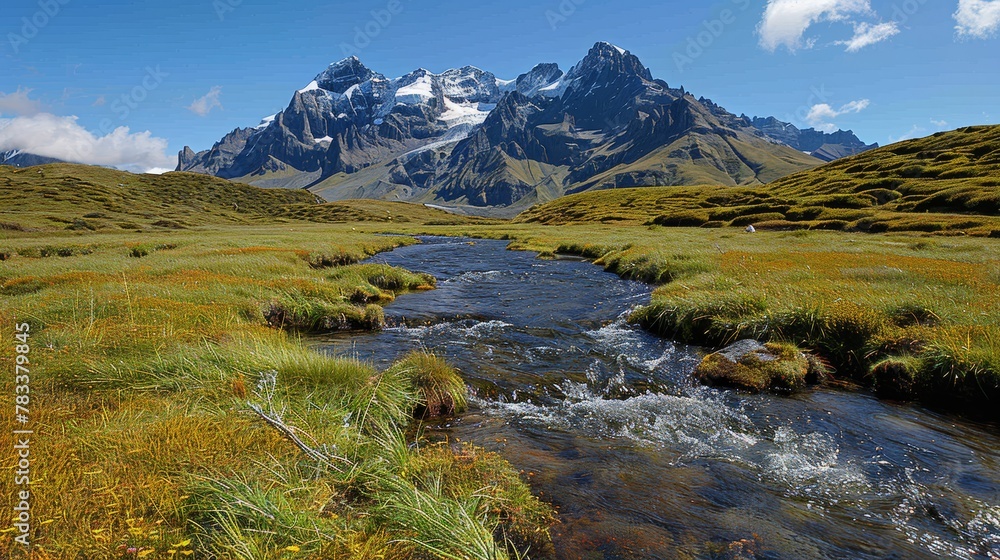 A stream runs through a lush, green field beside a towering mountain, its peak blanketed with snow Snow-capped mountains lie in the distance A stream runs through a lush, green field beside a towering mountain, its peak blanketed with snow Snow-capped mountains lie in the distance