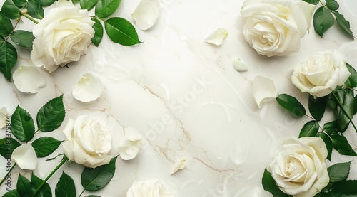 Concept of Quiet Luxury. Cover with marble background and white roses. Luxury menu template background, sales, luxury invitation template, cover, voucher.