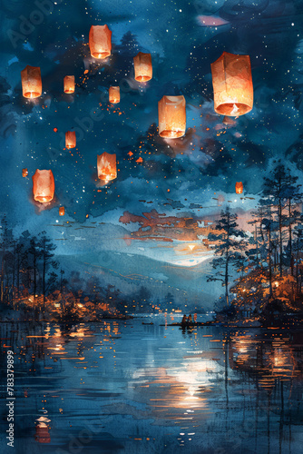 Floating lanterns on water at night, perfect for festival and celebration concepts. Graduation time in educational institutions.