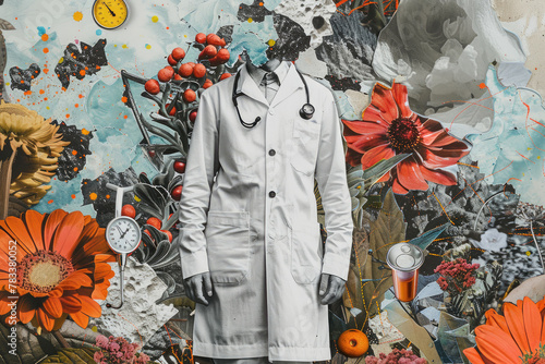 The doctor's art collage on a background of flowers and plants. A collage of contemporary art.