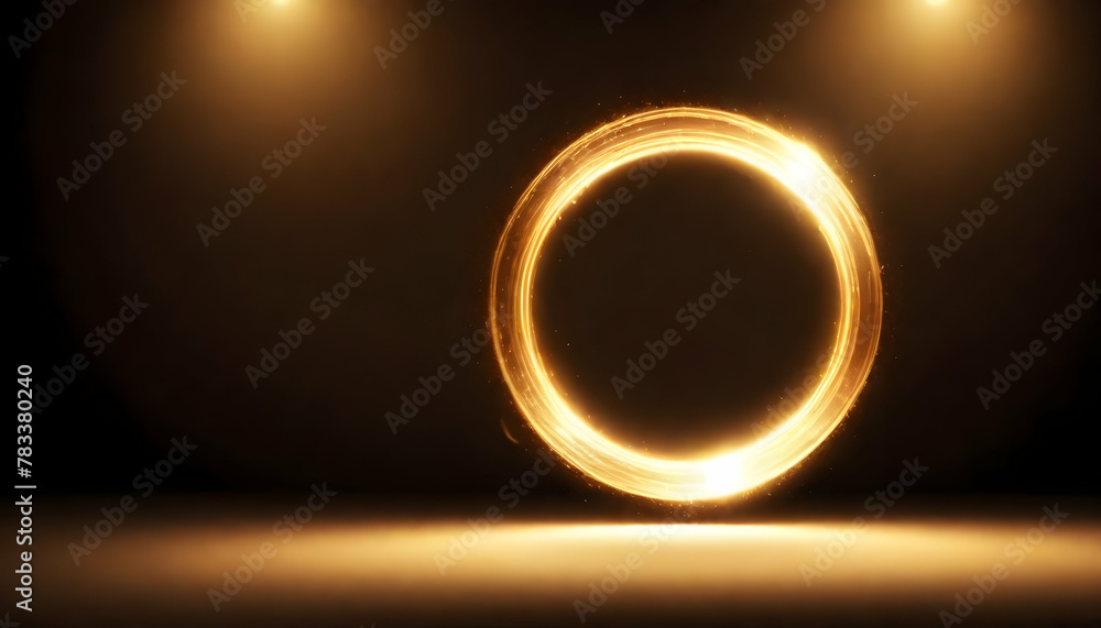 A mystical glowing golden ring appears floating in the air against a pitch-black backdrop, giving off an ethereal light