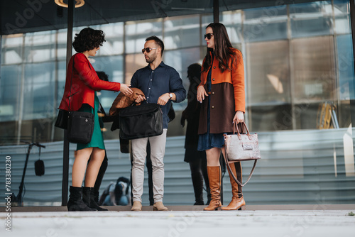 A diverse group of young professionals engage in a business discussion outdoors in an urban environment, reflecting collaboration and strategy.
