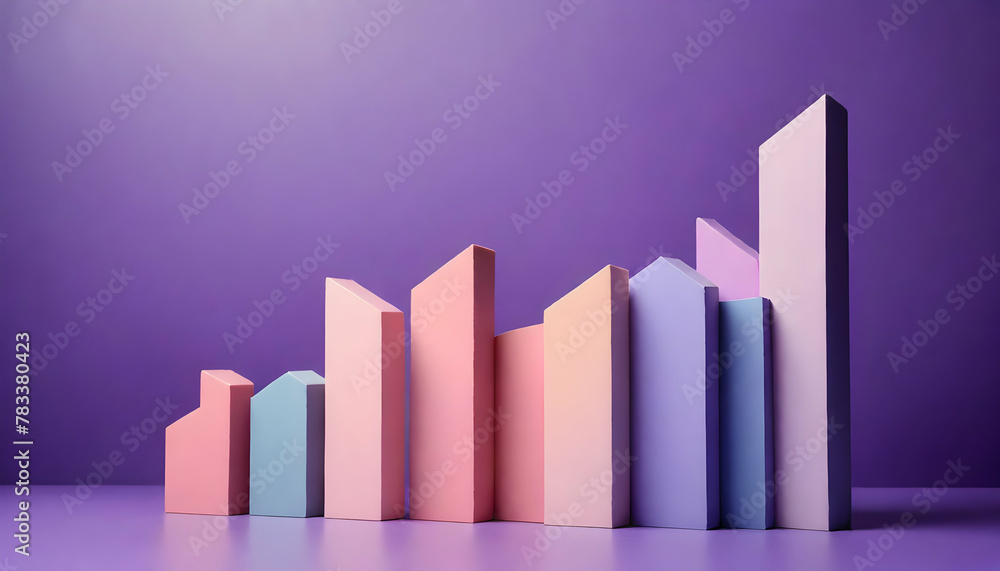 This image features a collection of 3D rising graph bars in a pastel color palette against a soothing violet background, suggesting calm analysis or strategic planning This image features a collection of 3D rising graph bars in a pastel color palette against a soothing violet background, suggesting calm analysis or strategic planning