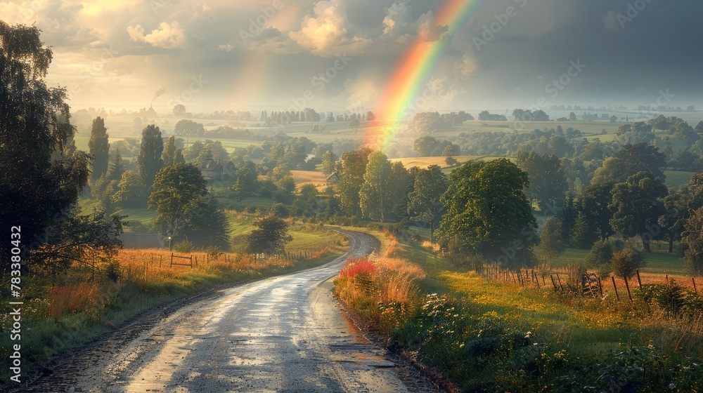   A rainbow arcs over a country road, trees and verdant grass lining each side