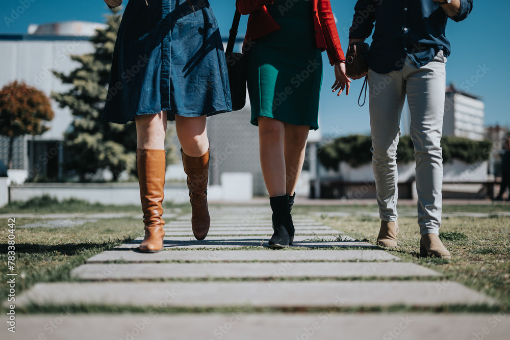 A low angle view capturing the confident stride of business professionals heading to an outdoor meeting on a sunny day. A low angle view capturing the confident stride of business professionals heading to an outdoor meeting on a sunny day.