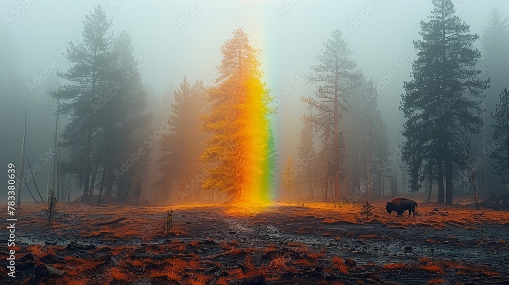   A bear stands in the heart of the forest, surrounded by a single rainbow arching overhead