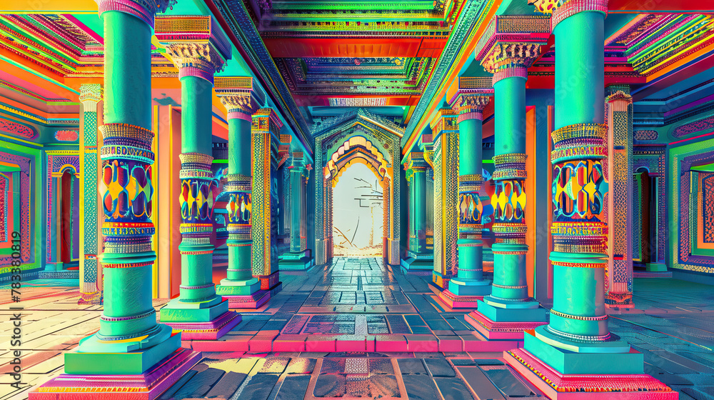 Obraz premium Psychedelic Pixel Palace: A Digital Palace with Vibrant Turquoise, Pixel Coral, and Neon Lemon
