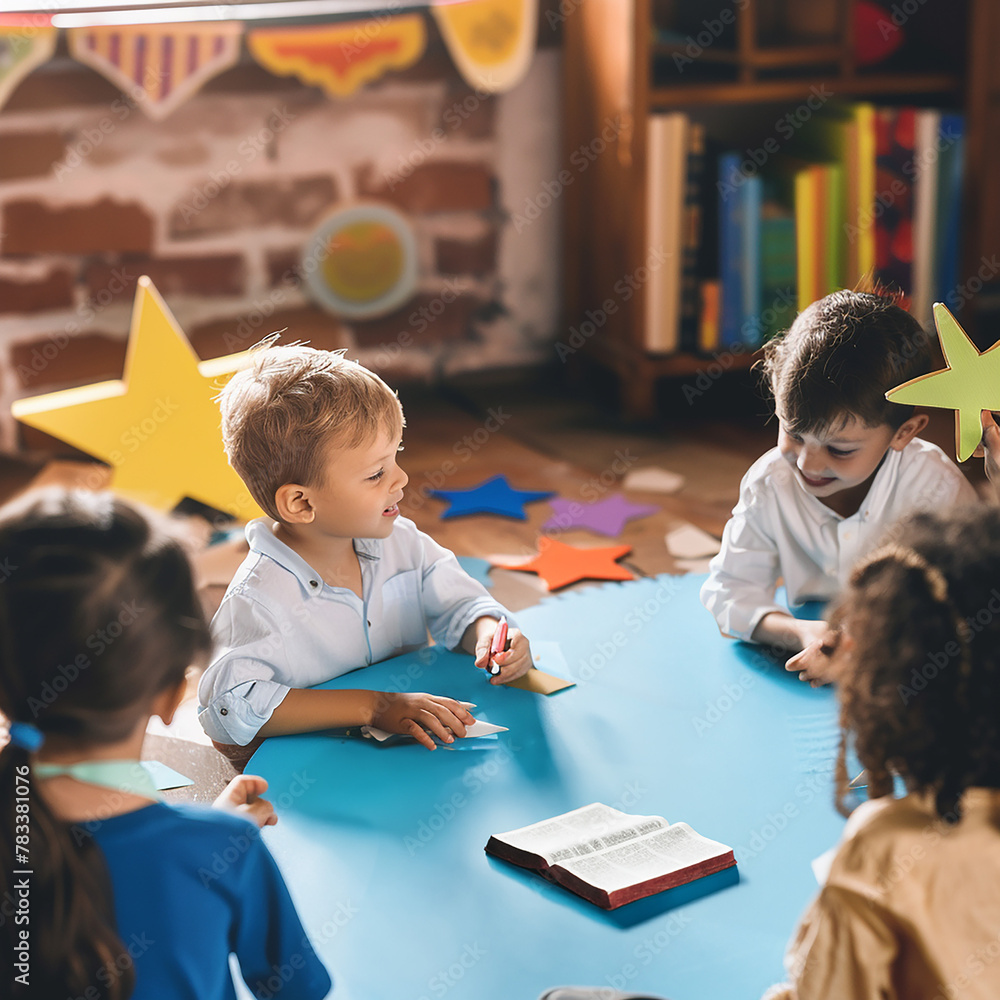 Small group of children studying at church religious program, Christian ...
