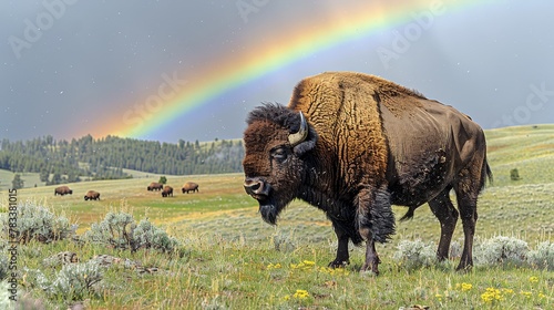  A bison stands in a grassy field beneath a rainbow-adorned sky