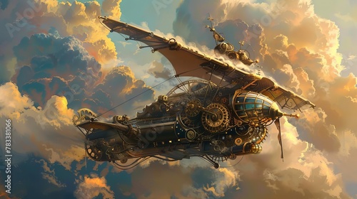 intricate steampunkinspired digital illustration of a fantastical flying machine with gears cogs and brass elements soaring through a cloudy sky photo
