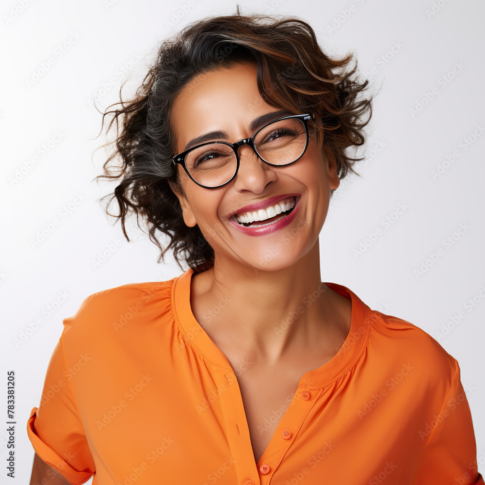 Obraz premium A woman with glasses is smiling and wearing an orange shirt. She has a bright and happy expression on her face