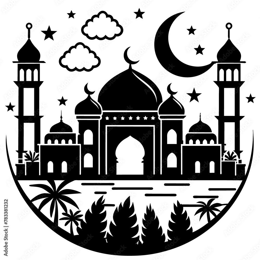A silhouette of an Islamic mosque with domes and minarets is depicted against a decorative night sky backdrop