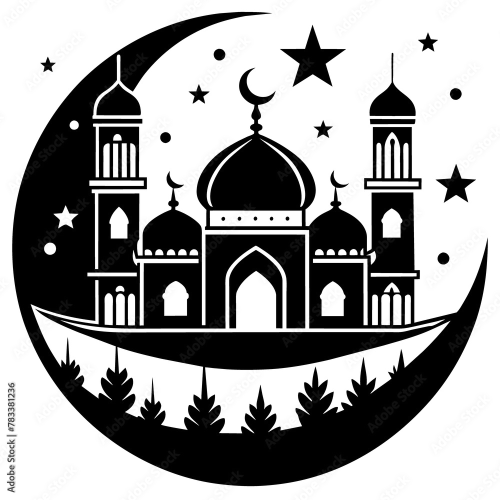 A silhouette of an Islamic mosque with domes and minarets is depicted against a decorative night sky backdrop